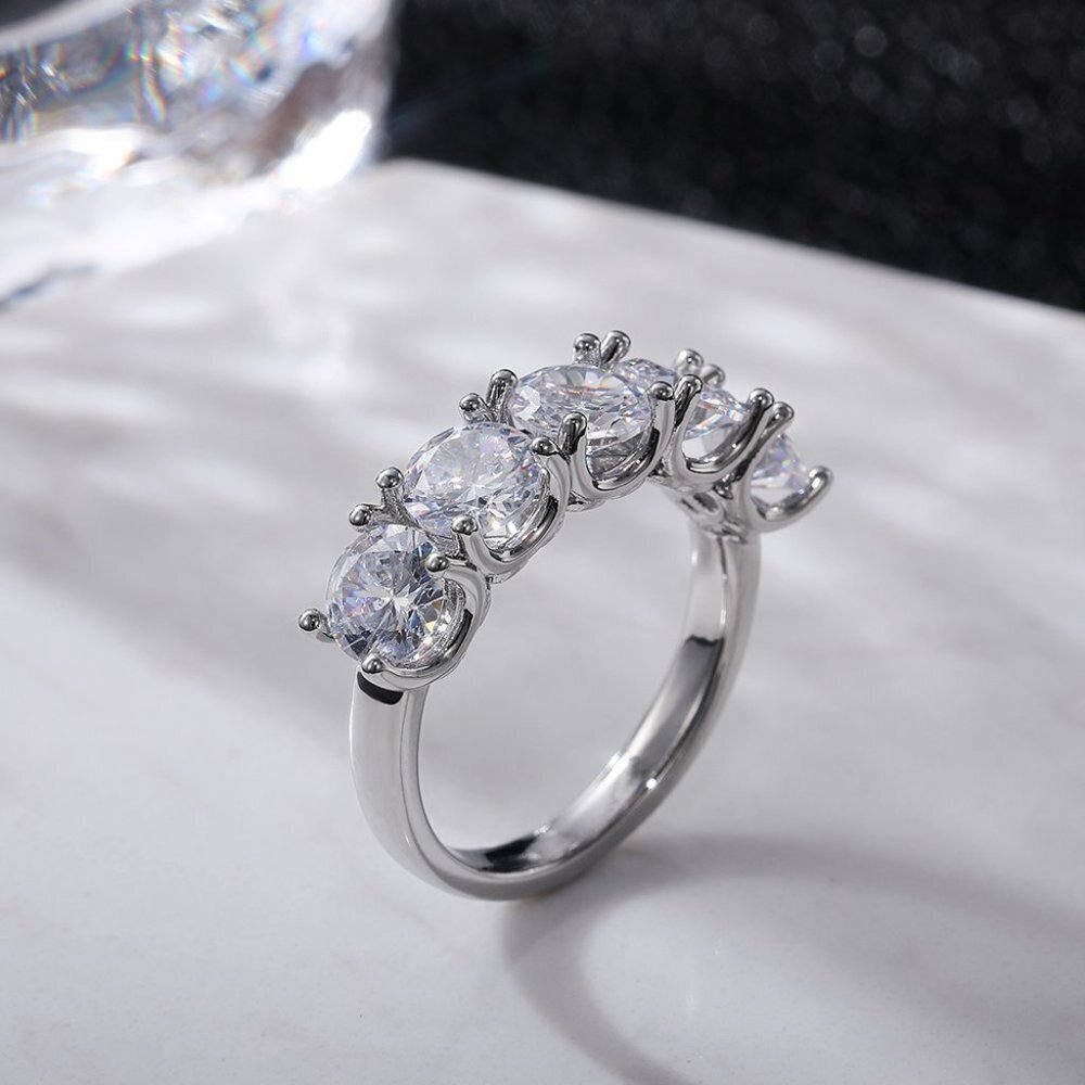 😍Lovely 5 Stone Round Dainty CZ Gems Silver Trendy Eternity Rings, K836 - Picture 5 of 9